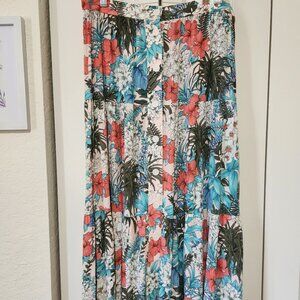 Talbots Tiered Skirt – Size L – 34” Long – Pink Tropical Floral – Button Front